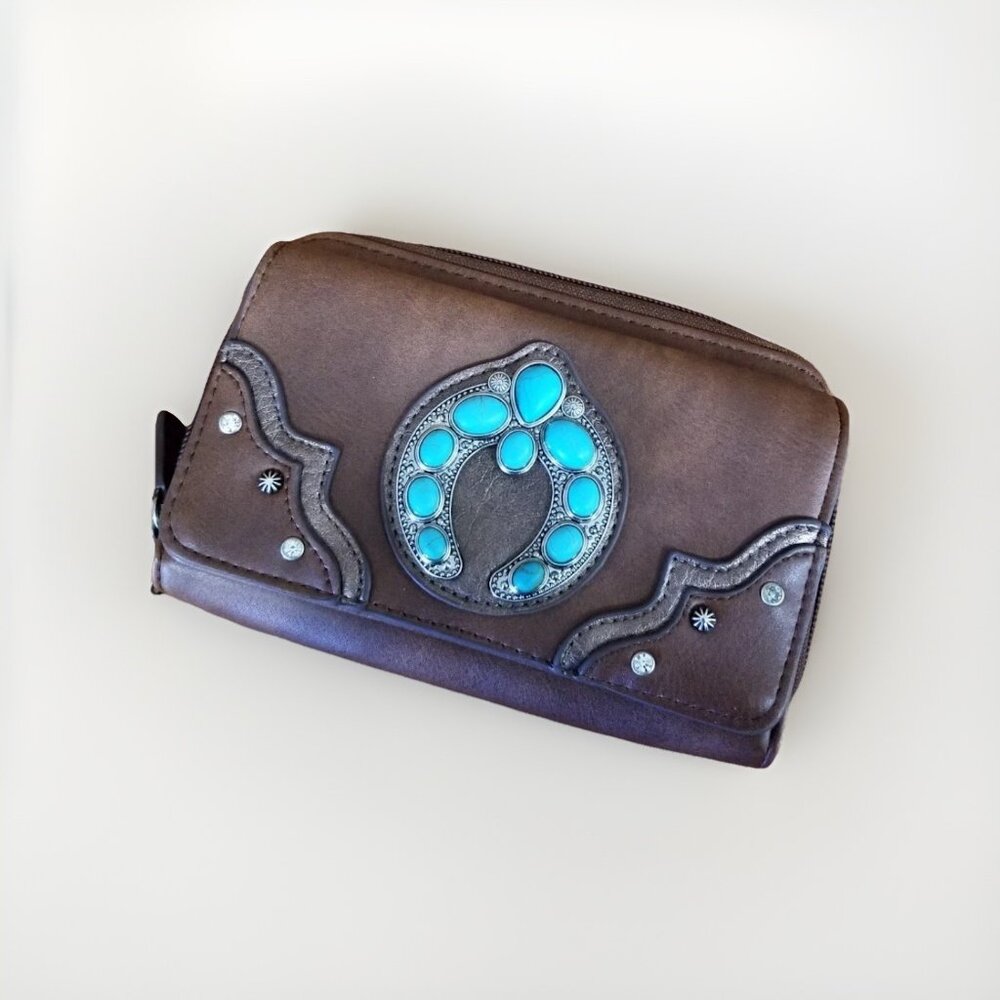 Justin‎ Brown Leather Turquoise Naja Concho Wristlet Wallet Southwestern Zipper